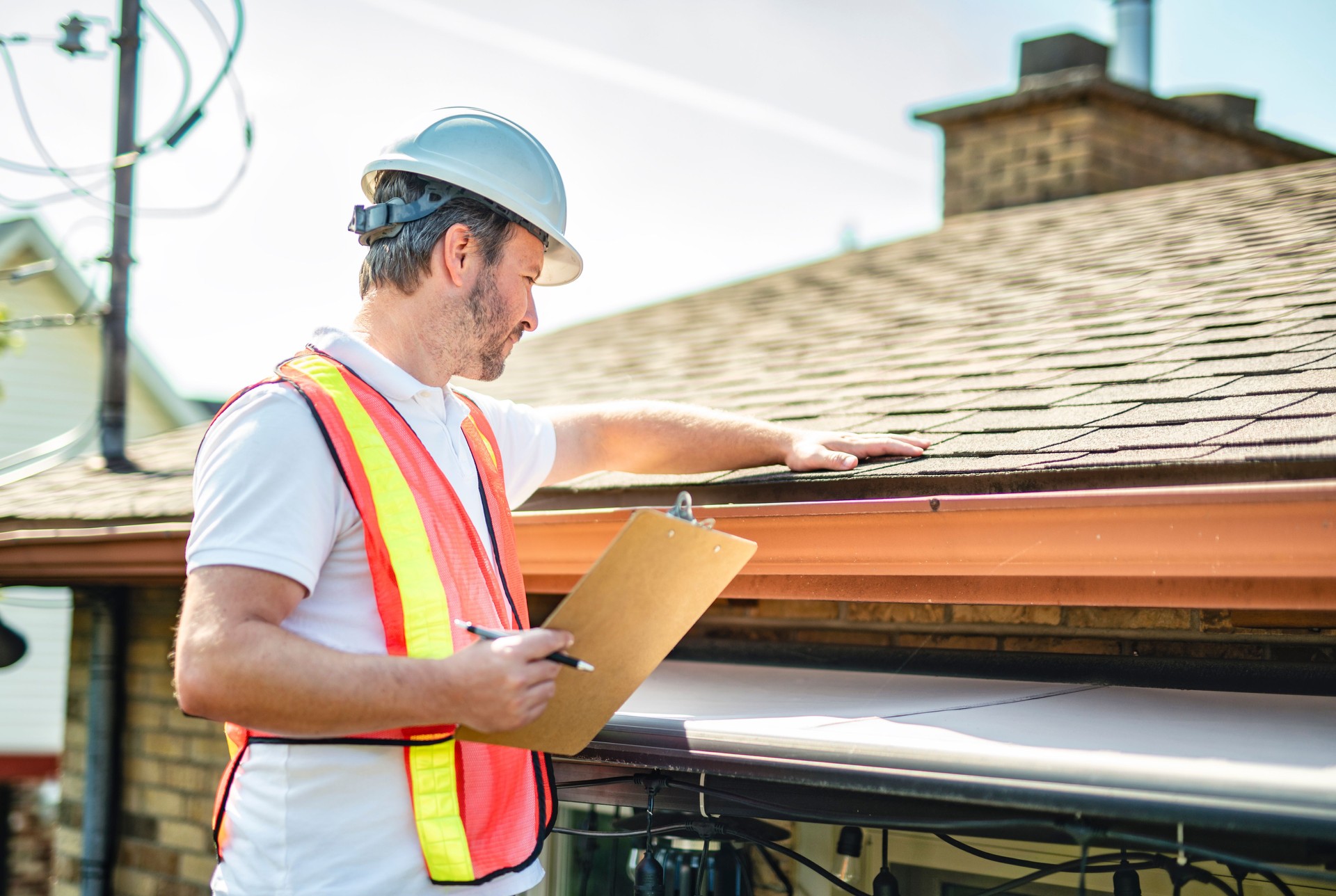 man with hard hat standing on steps inspecting house roof